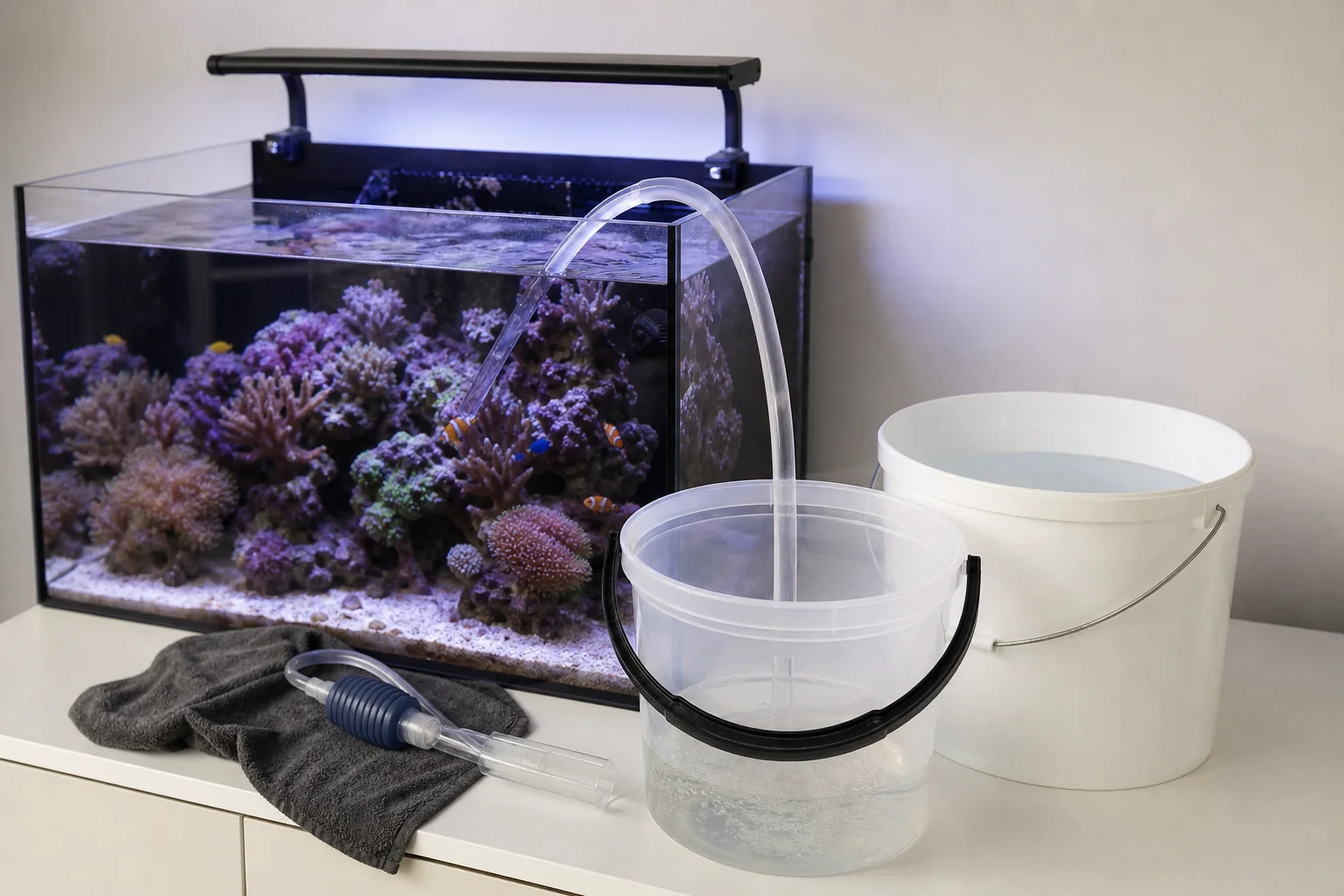 Wasserwechsel im Riffaquarium mit Eimer und Absaugschlauch