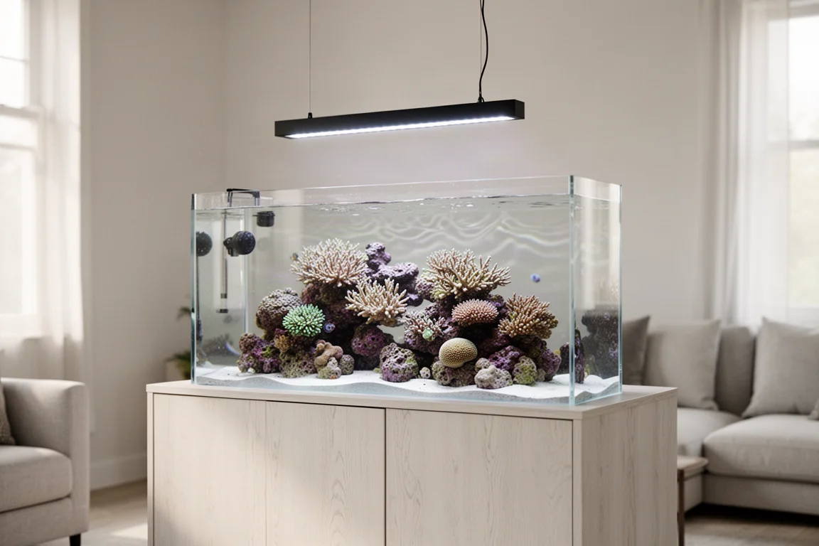 Nano akwarium rafowe oświetlone smukłą oprawą LED w jasnym salonie