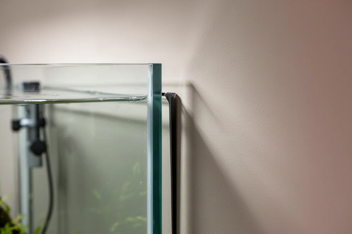 Schmaler Freiraum zwischen der Rückseite eines Aquariums und einer Wand