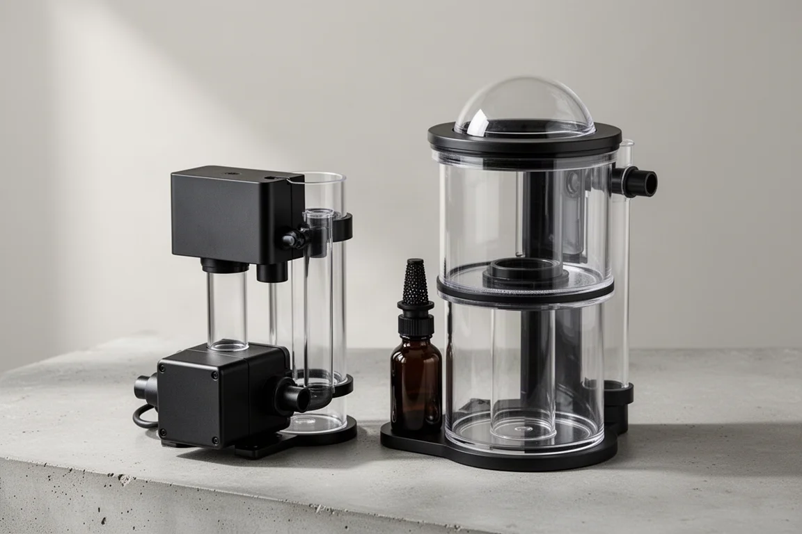Two hang-on-back protein skimmers with black housings and clear bodies on a concrete surface