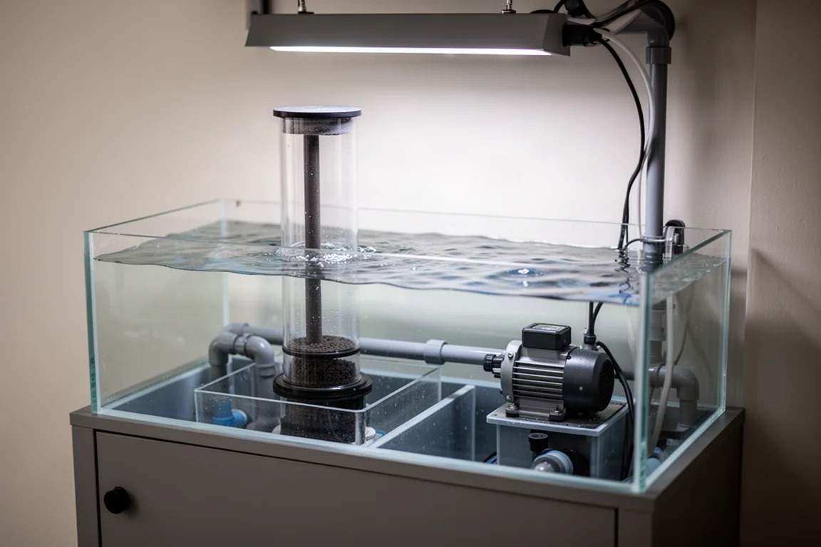 Innenraum eines Technikschranks mit einem kompakten Proteinabschäumer in einer Wasserkammer