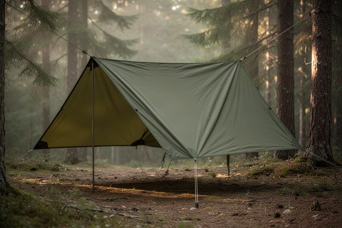 Olive drab camping tarp pitched as a low A-frame shelter in a forest clearing