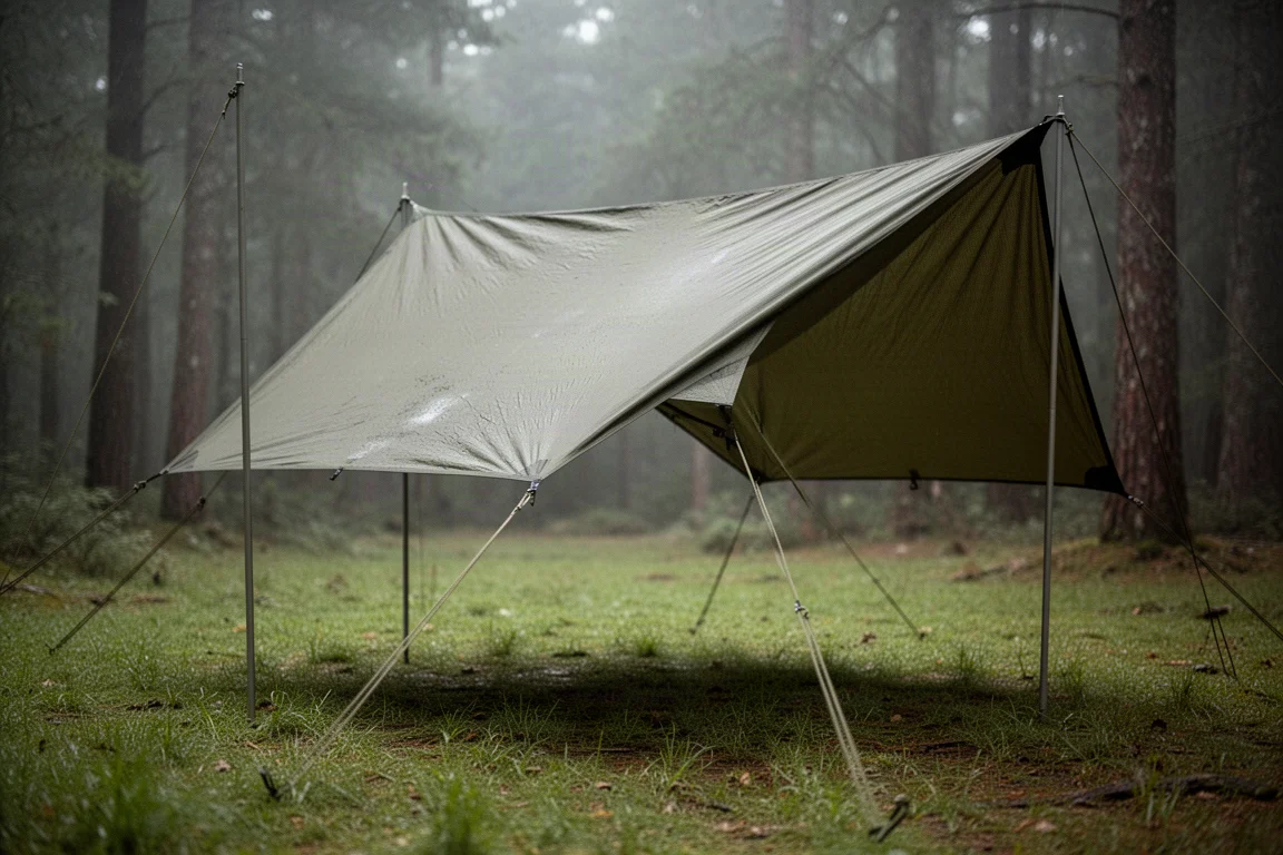 Olive drab camping tarp pitched taut on poles in a grassy forest clearing