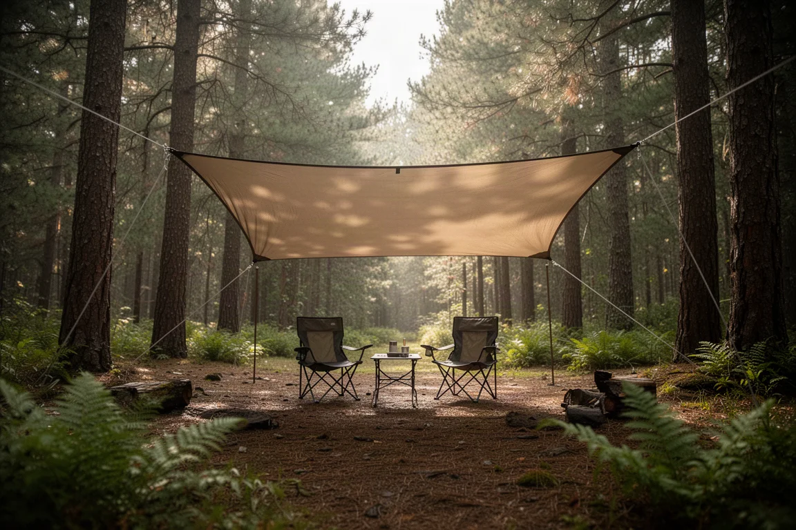 Large tarp shelter pitched over a forest campsite with chairs underneath