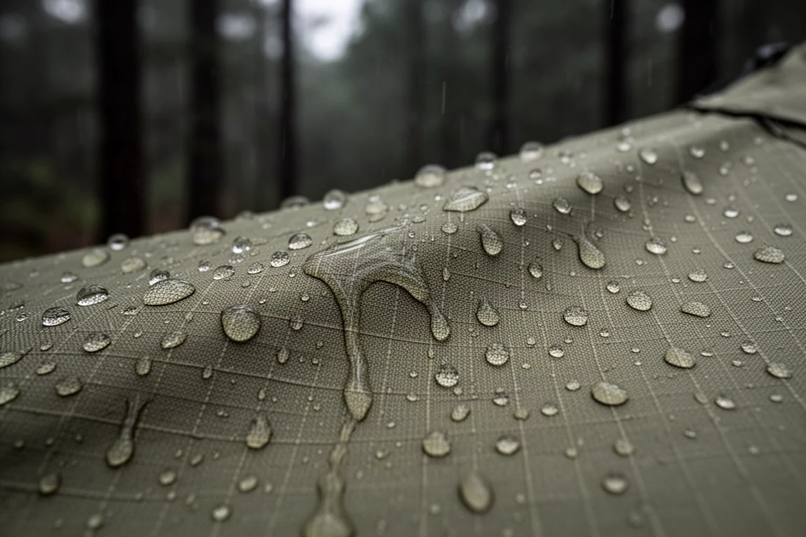 Rain beading and running off taut olive ripstop nylon tarp fabric