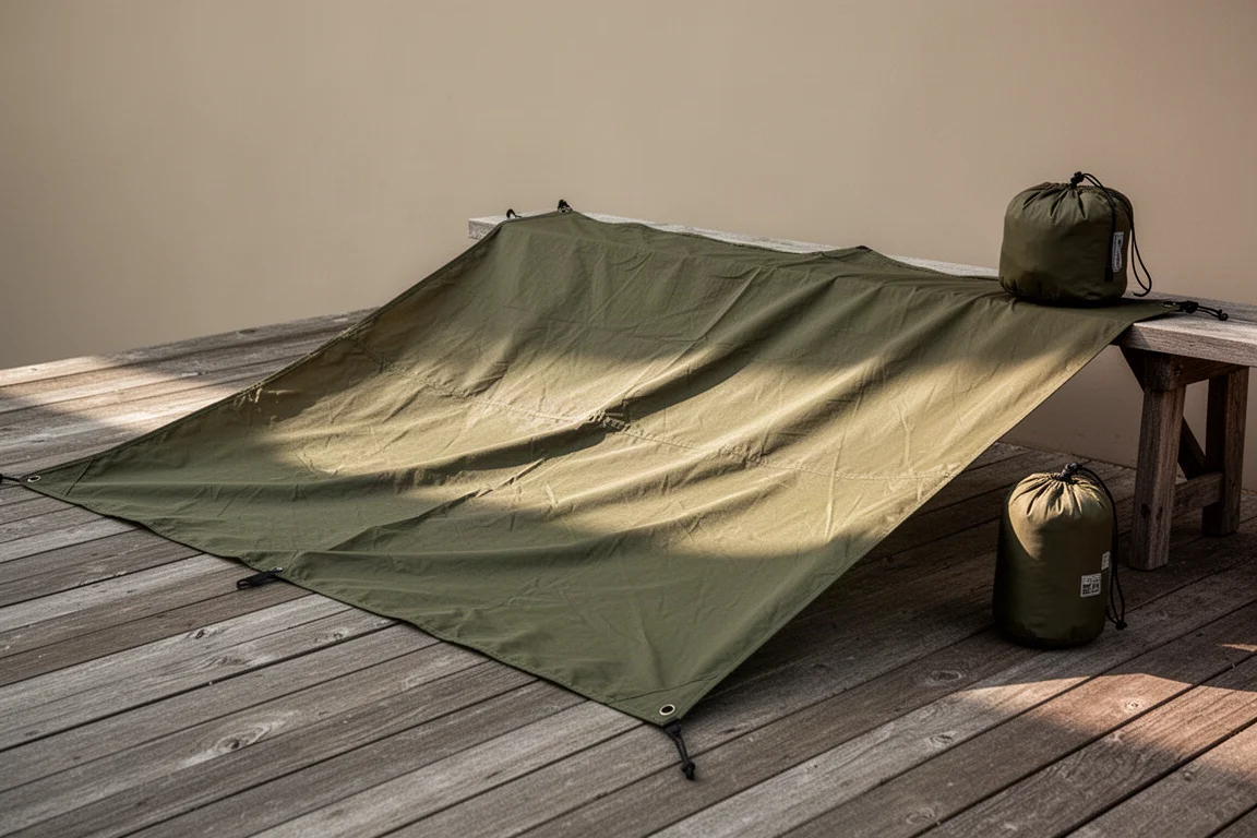 Large camping tarp spread flat on a wooden deck to dry in morning light