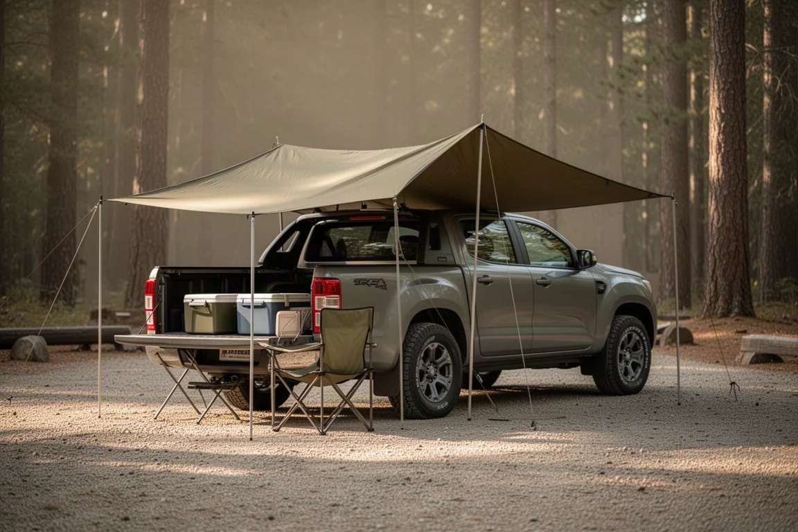 Pickup truck with a large tarp rigged as an awning over the open bed