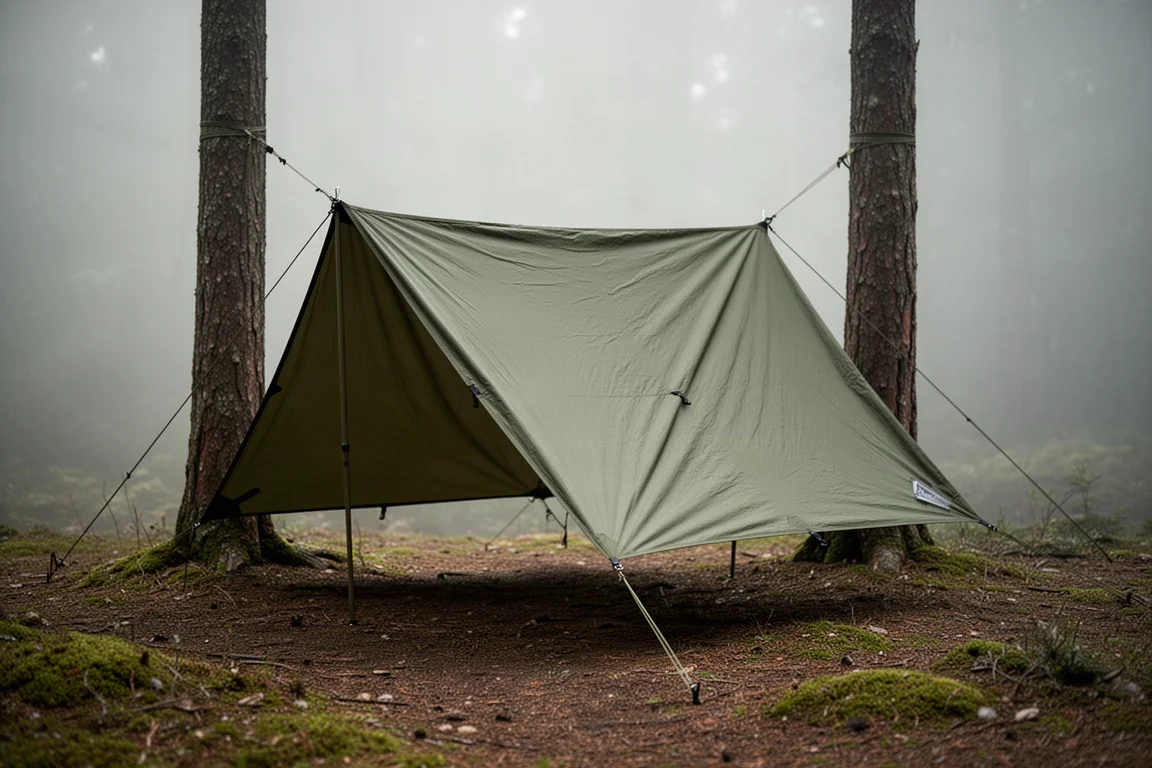 Olive ripstop nylon camping tarp pitched as an A-frame shelter in a forest clearing