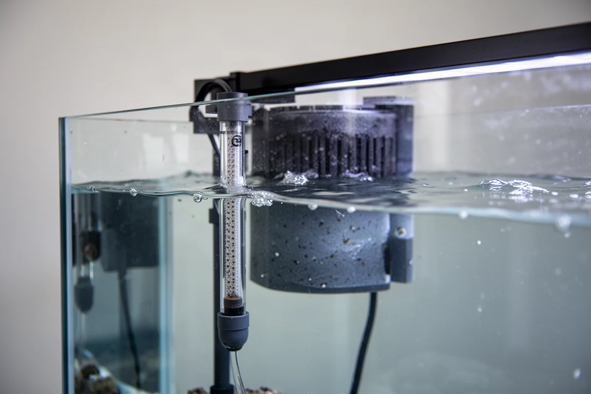 加熱器浸沒於海水水族箱過濾槽中,水位保持穩定