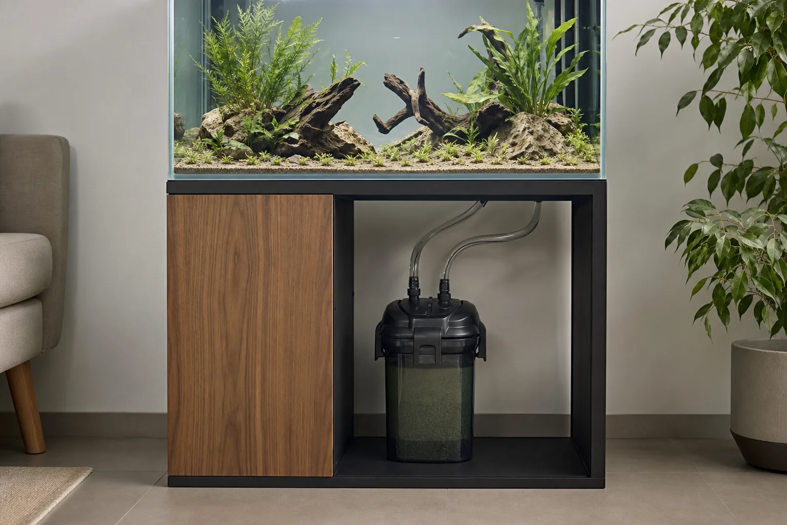 Canister filter positioned under aquarium with intake and output hoses