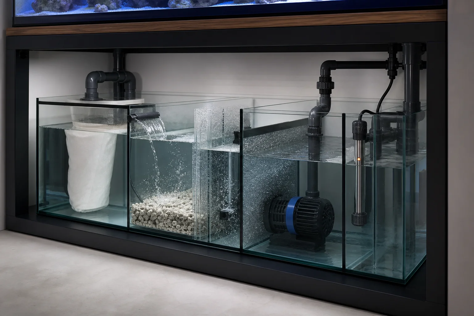 Sump basin with baffles and equipment installed beneath aquarium