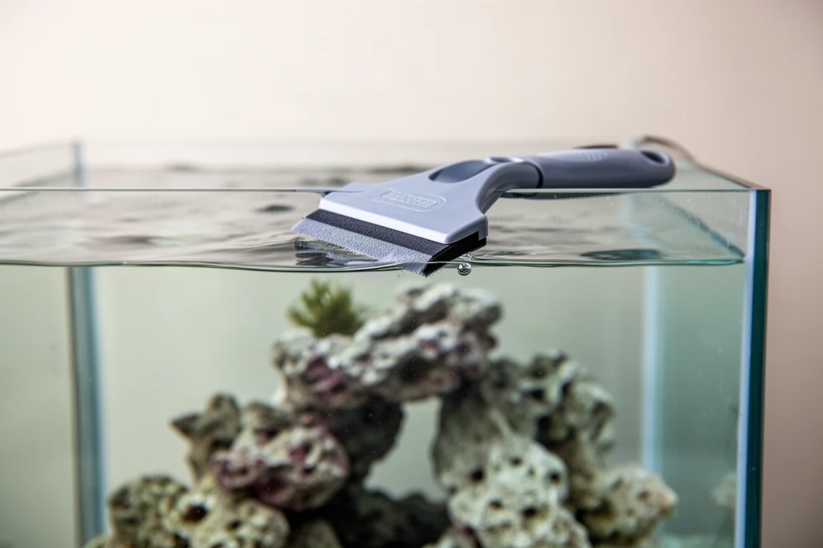 Raschietto magnetico per alghe appoggiato sul bordo di un acquario in vetro