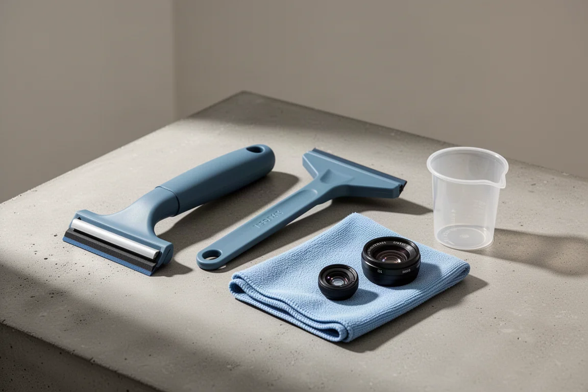 Aquarium maintenance tools arranged on a matte concrete surface