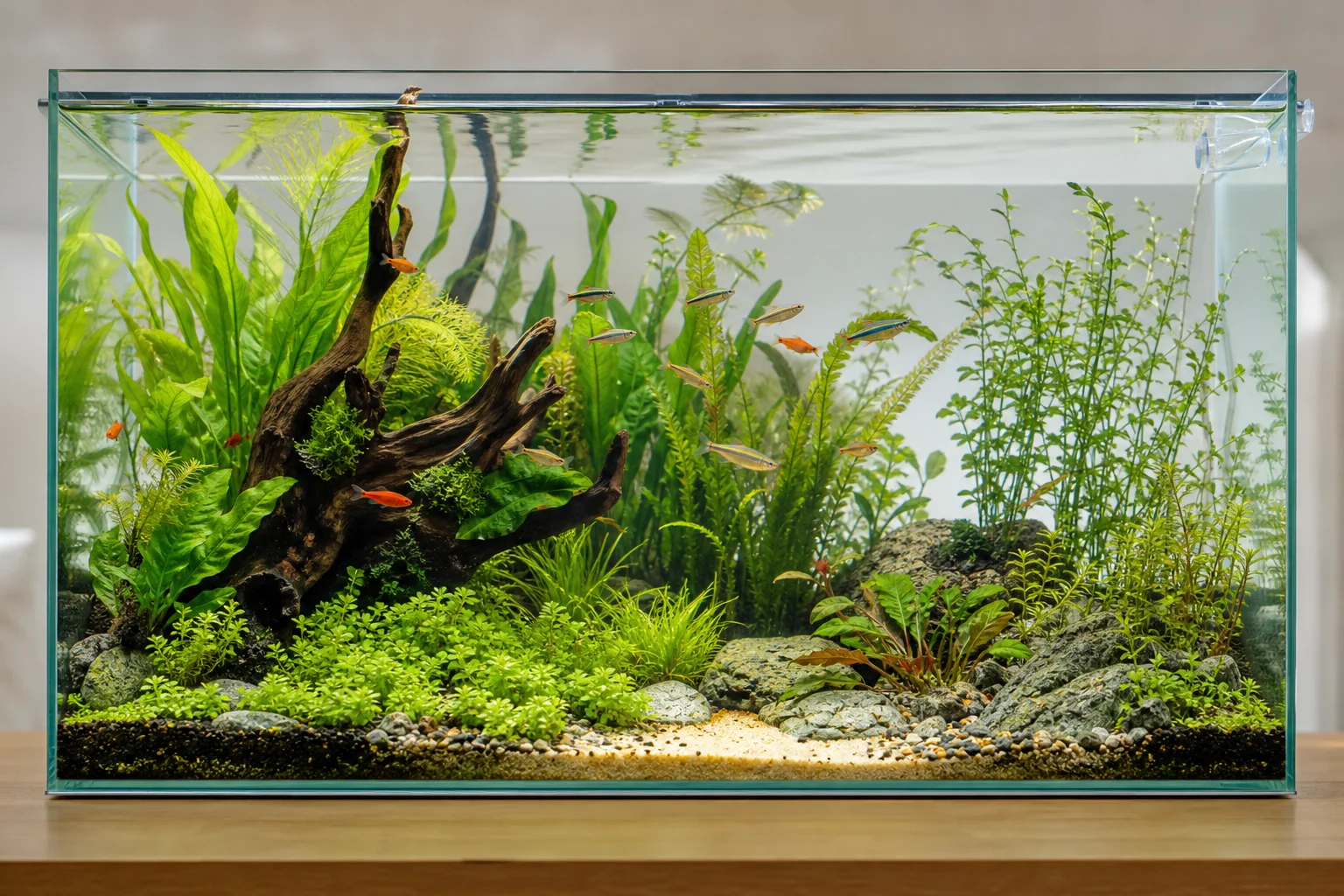 Acquario d'acqua dolce sano con acqua limpida e piante acquatiche rigogliose