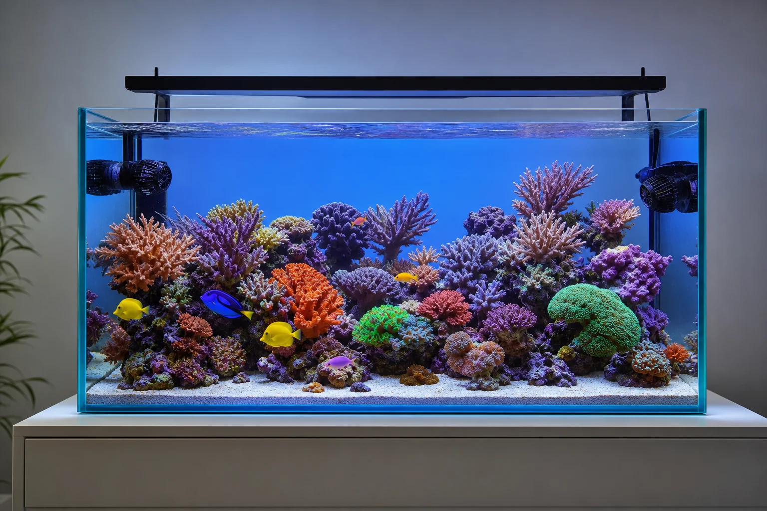 Fiorente acquario di barriera corallina con coralli vivaci e condizioni dell'acqua stabili