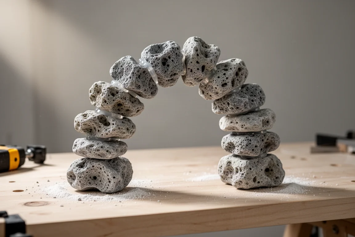 Arco di roccia grigia impilato a secco su un banco da lavoro con adesivo visibile nei giunti