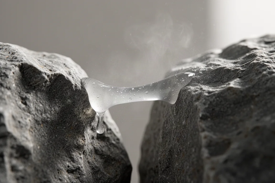 Primo piano di un filo di adesivo trasparente tra due pezzi di roccia grigia sotto una spruzzata fine