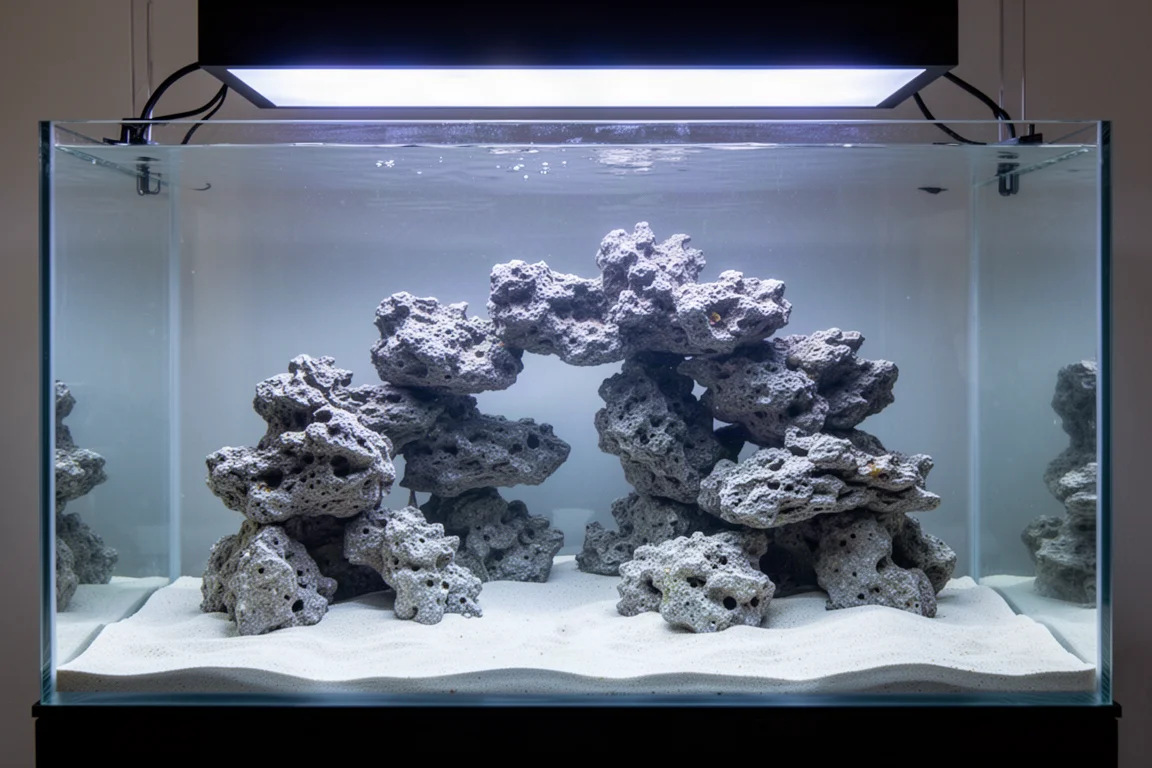 Aquascape finito in roccia grigia dentro un acquario di barriera illuminato con fondo sabbioso libero