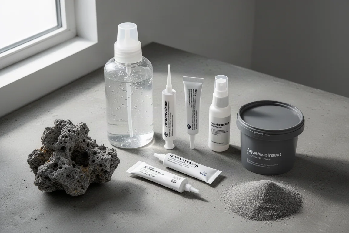 Four aquascaping adhesives, a grey reef rock and sand arranged on a concrete surface
