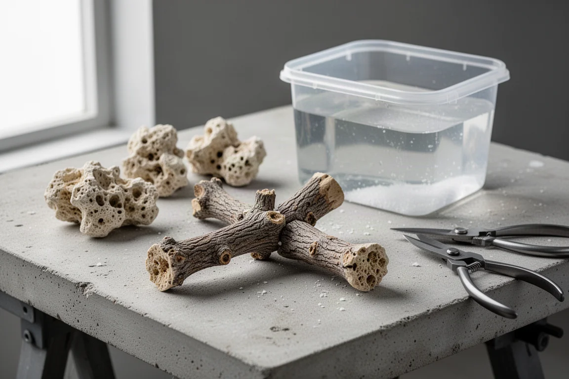 Bonded branches of porous reef rock resting beside a clear container of saltwater