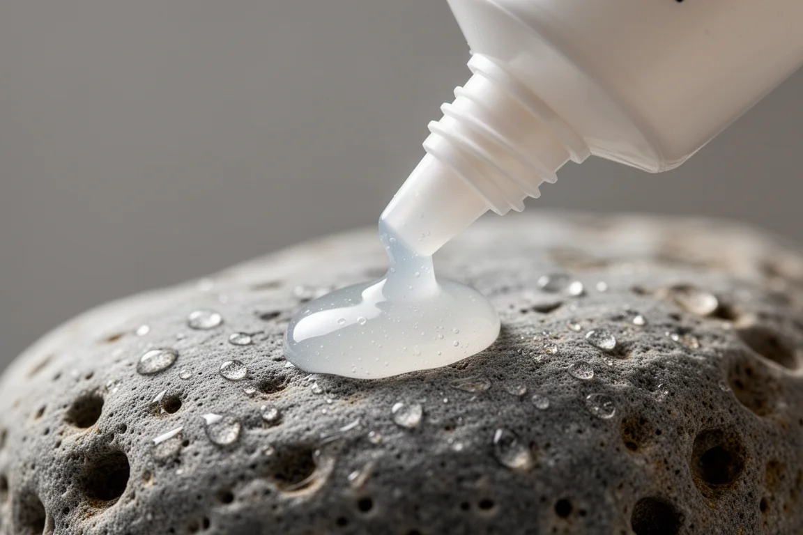 Thick gel superglue nozzle dispensing a bead onto a wet porous rock surface