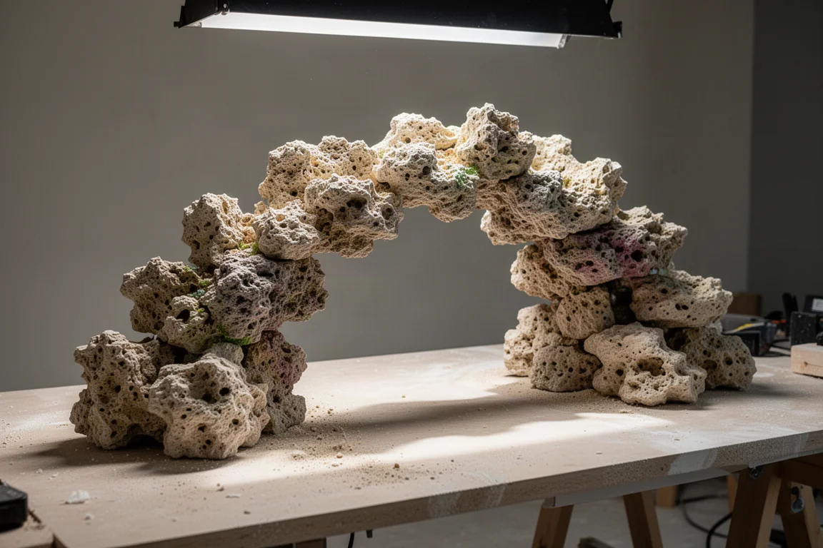 Arching aquascape built from dry reef rock standing on a pale workbench