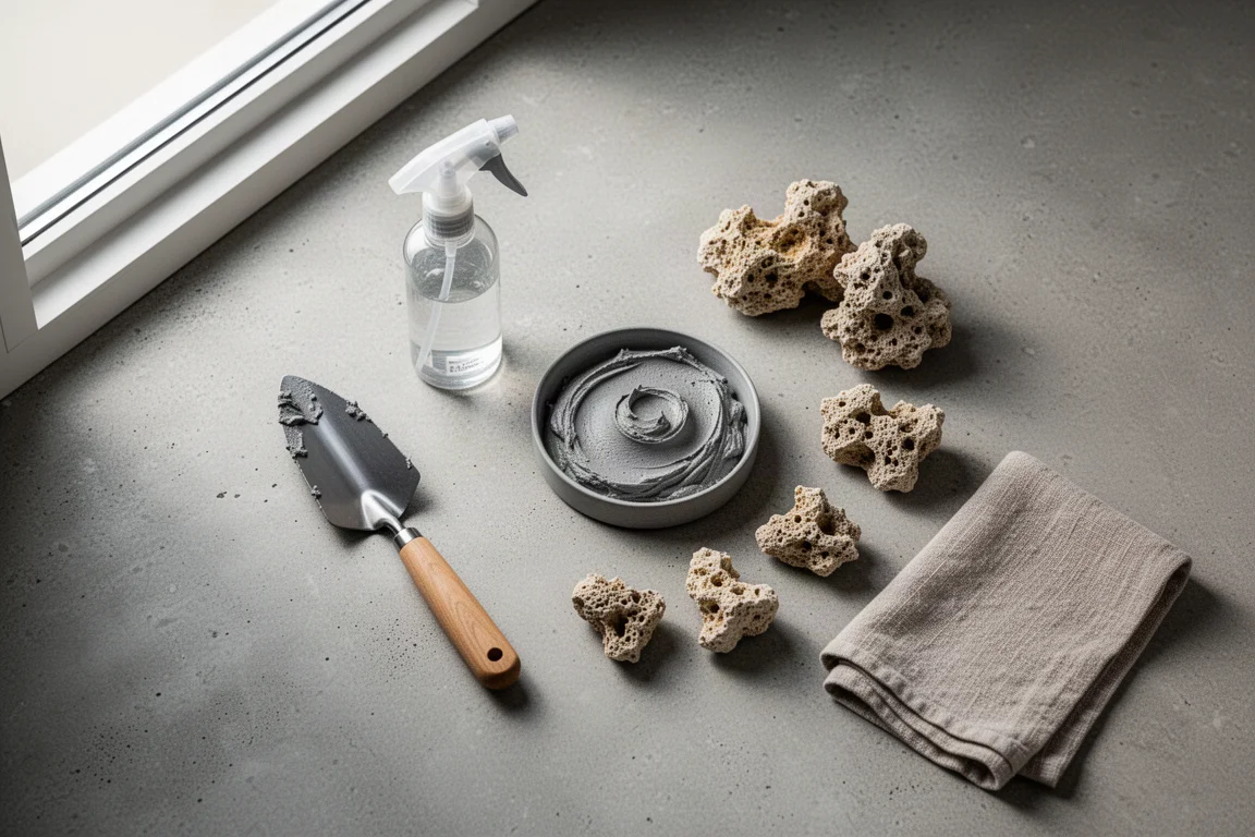 Flat lay of aquascaping adhesives, tools and rock fragments on concrete