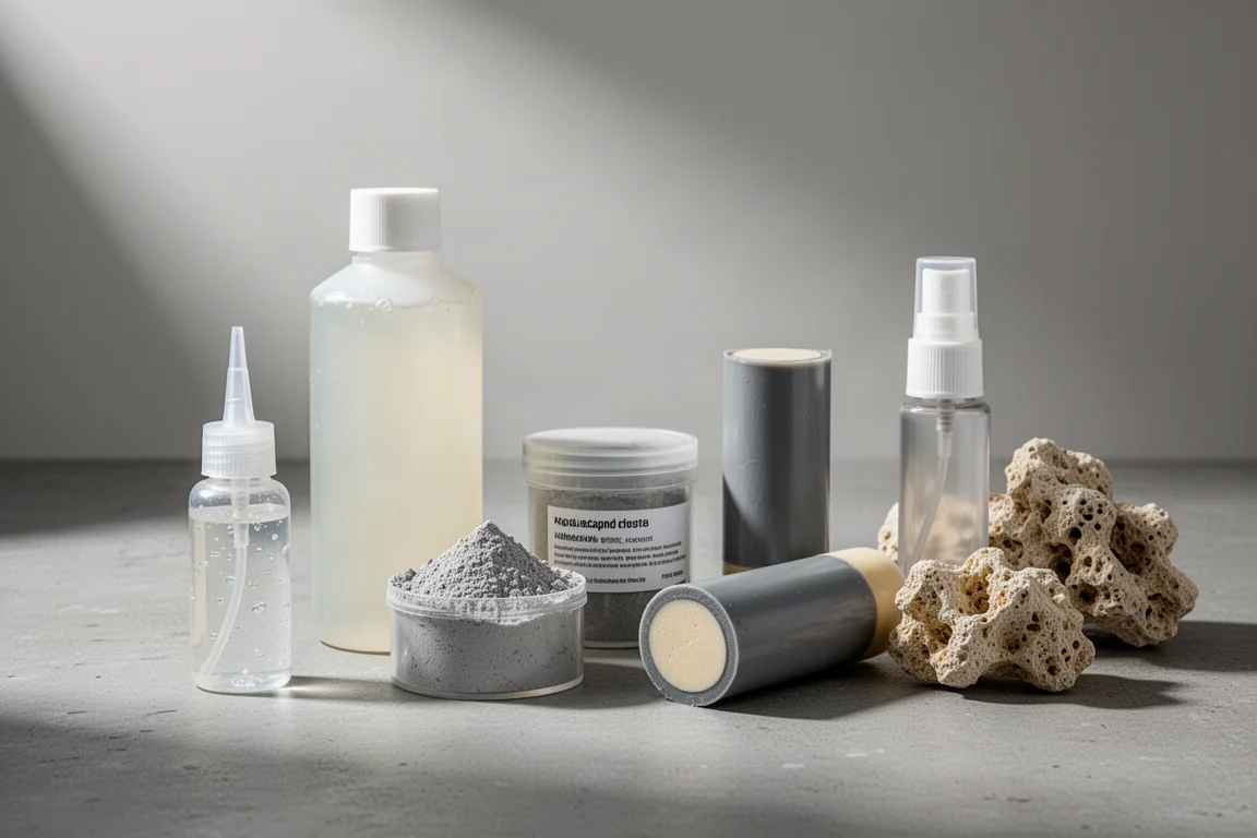 Five aquascaping adhesive products arranged on concrete with porous reef rock pieces