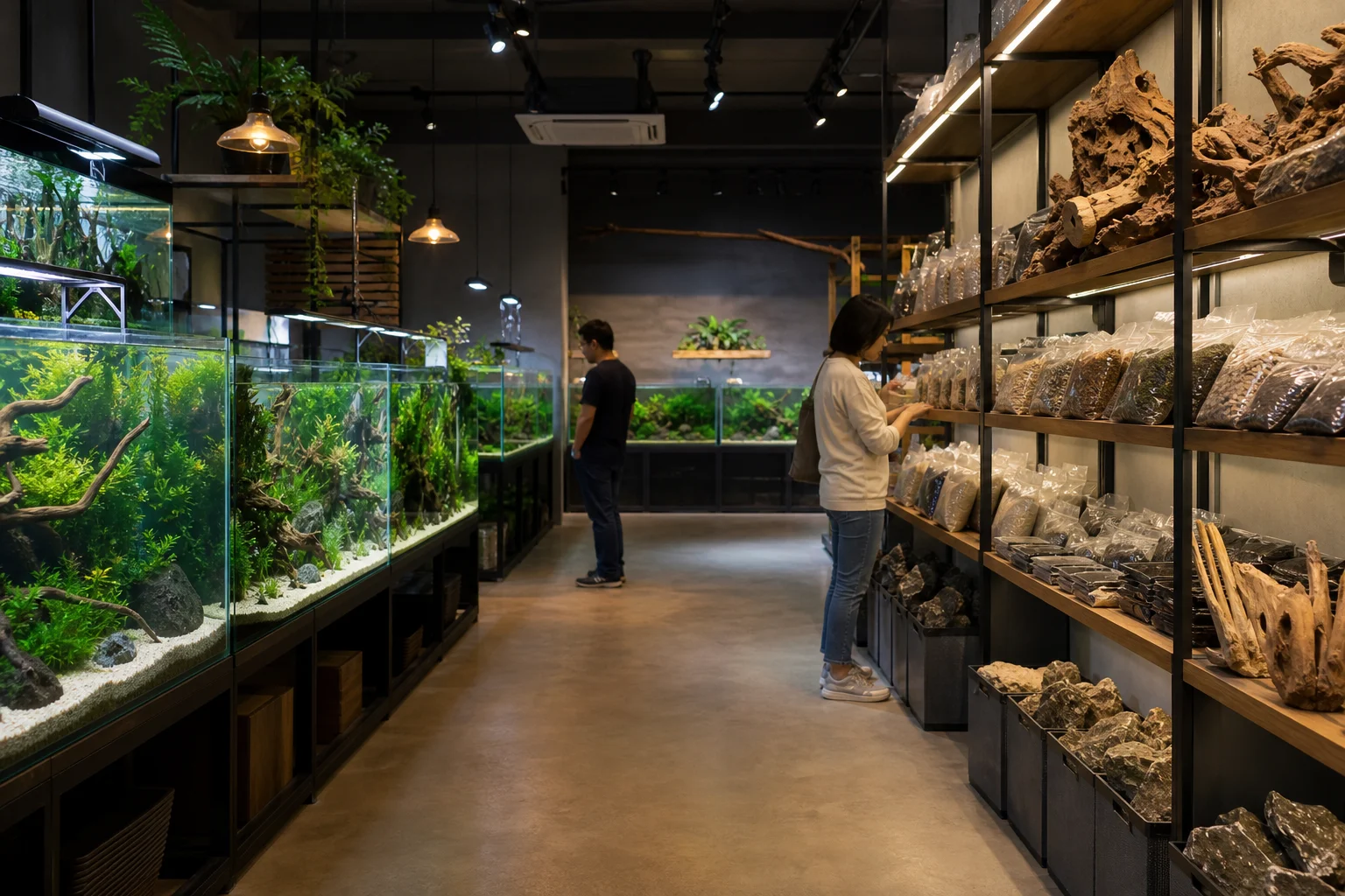 Insidan av en akvariebutik med visningsakvarier och produkter för aquascaping