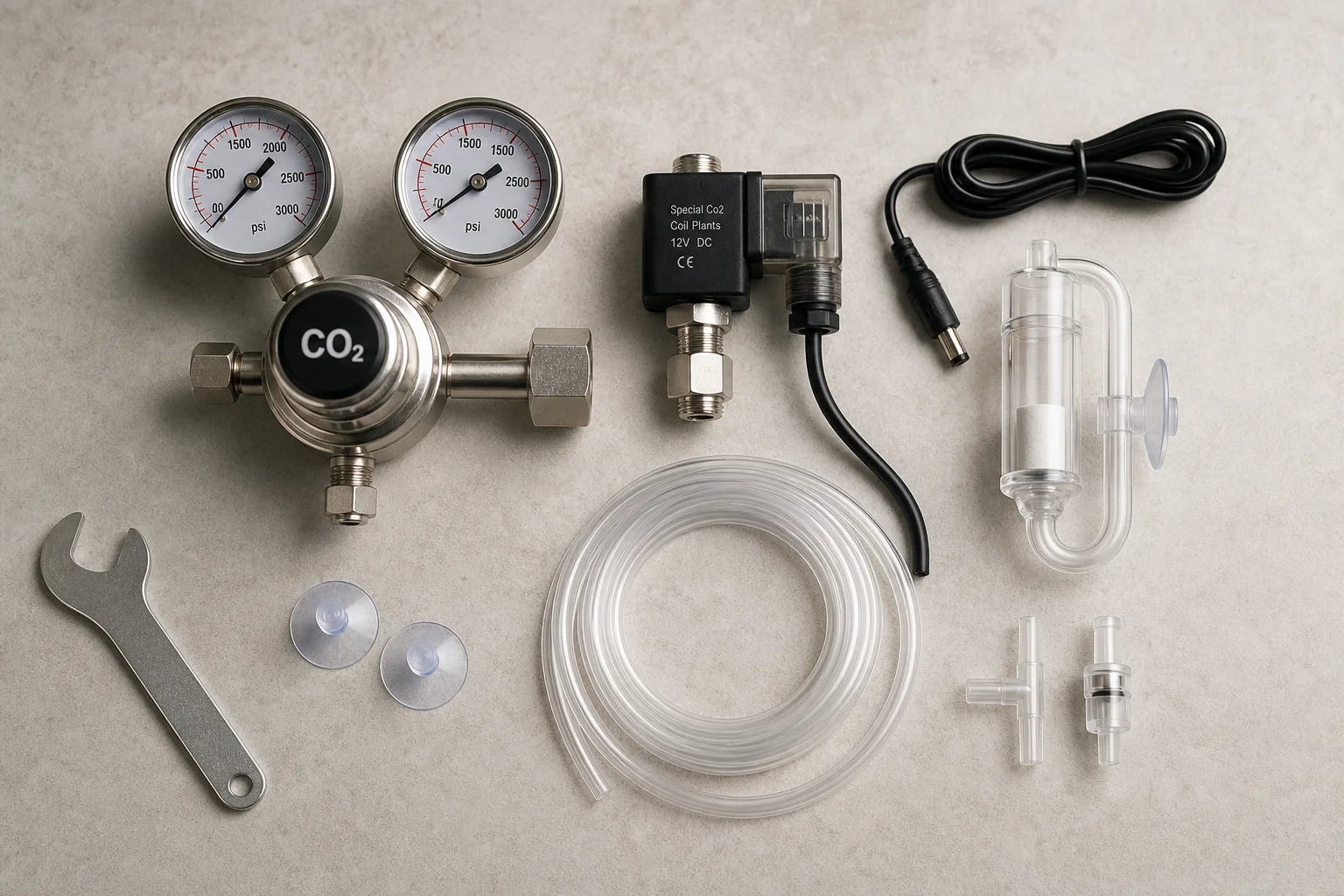 CO2-regulator och diffusorkomponenter utlagda på en arbetsyta