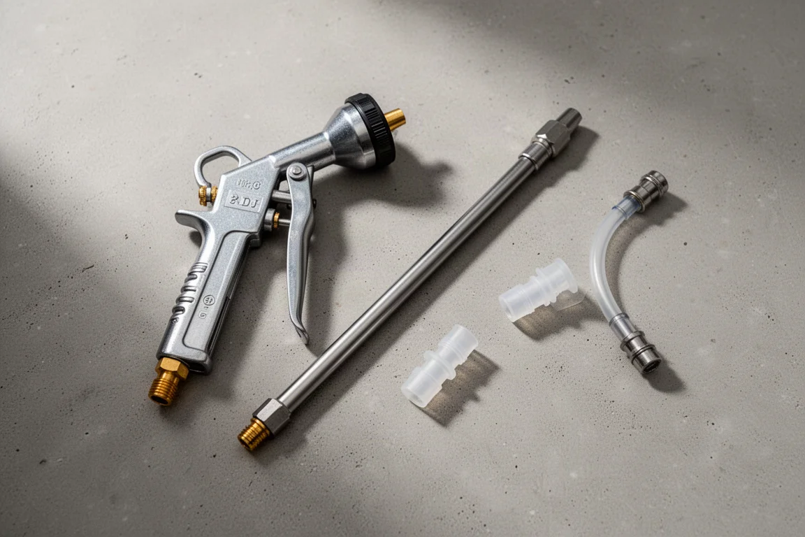Pistola de pulverización de manguera de jardín con lanza y conector rápido dispuestas sobre una superficie