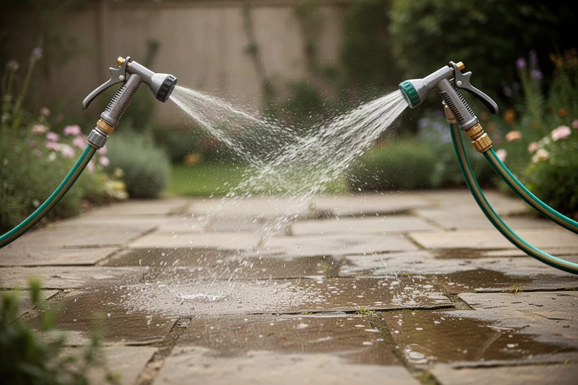 Pistola de pulverización de manguera lanzando un potente chorro de agua a lo largo de un patio de jardín
