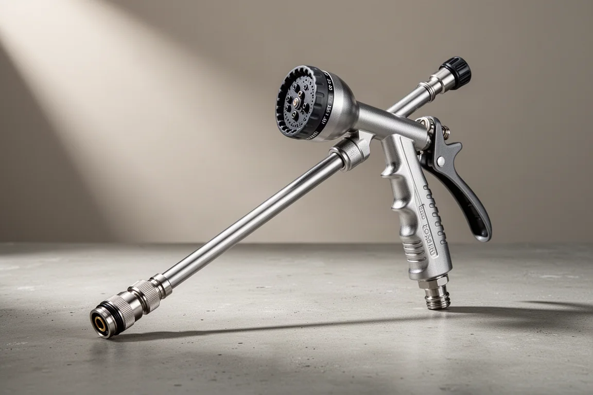 Metal garden hose spray gun with lance and quick connector on concrete
