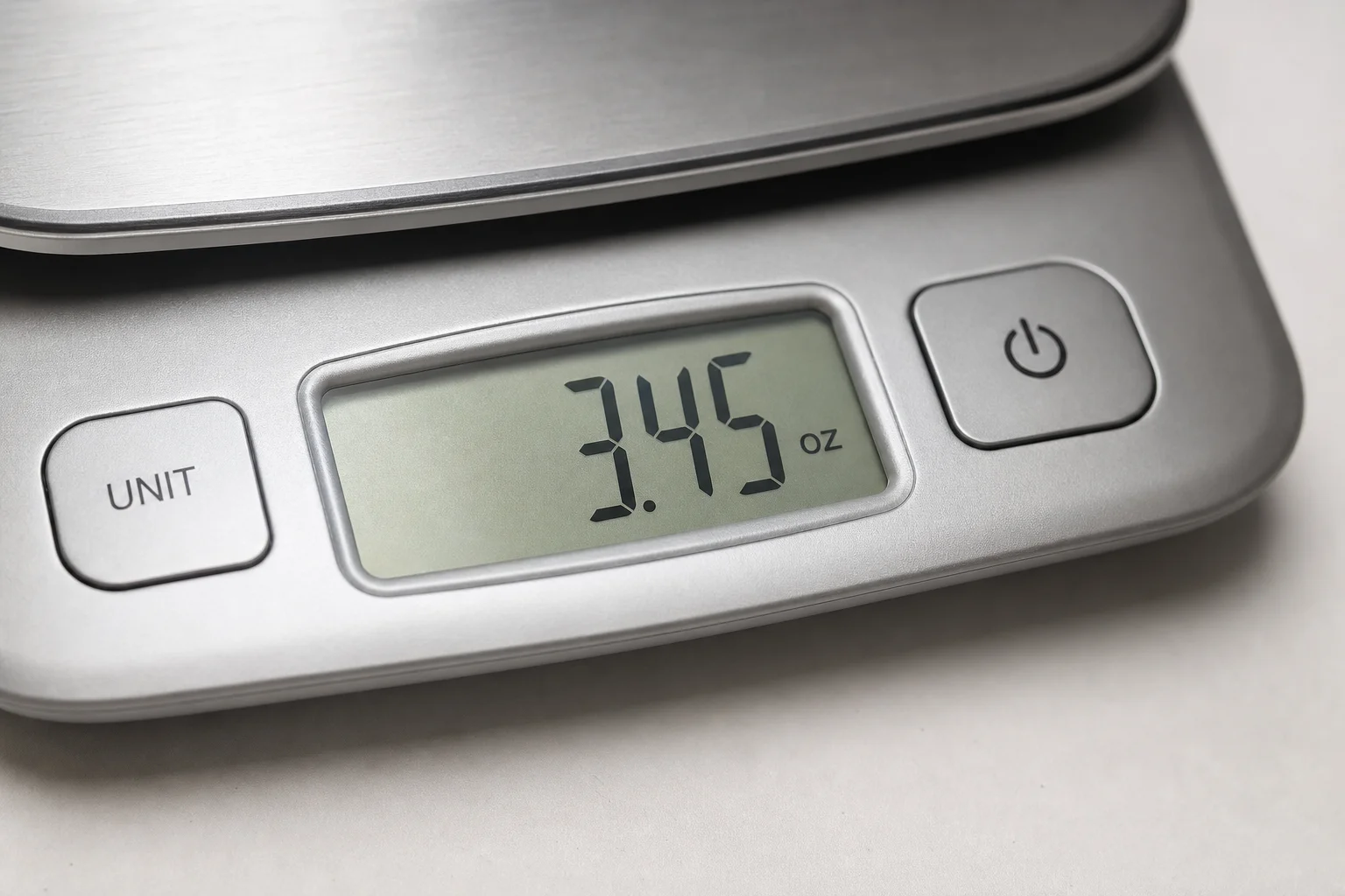 Primer plano de la pantalla de la báscula de cocina digital mostrando la medición de peso en onzas