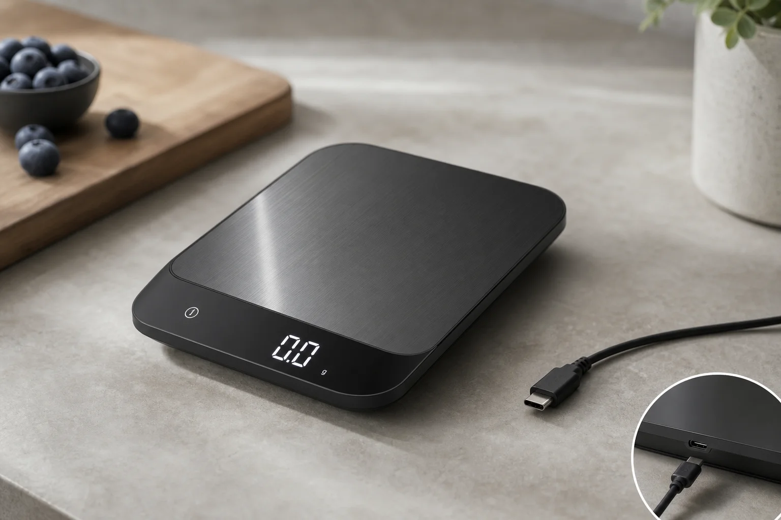 Báscula de cocina con cable de carga USB que muestra la capacidad inalámbrica y el puerto de carga