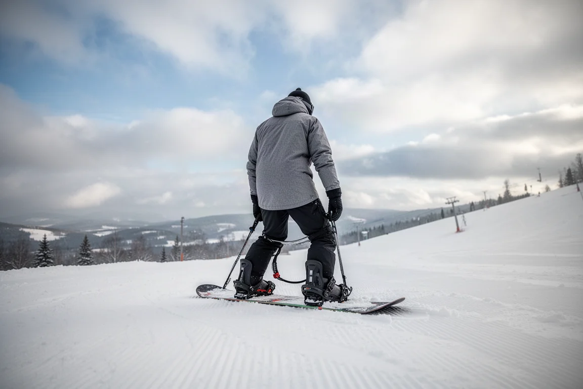 Snowboarder strapping into bindings on a snowy slope under mixed skies