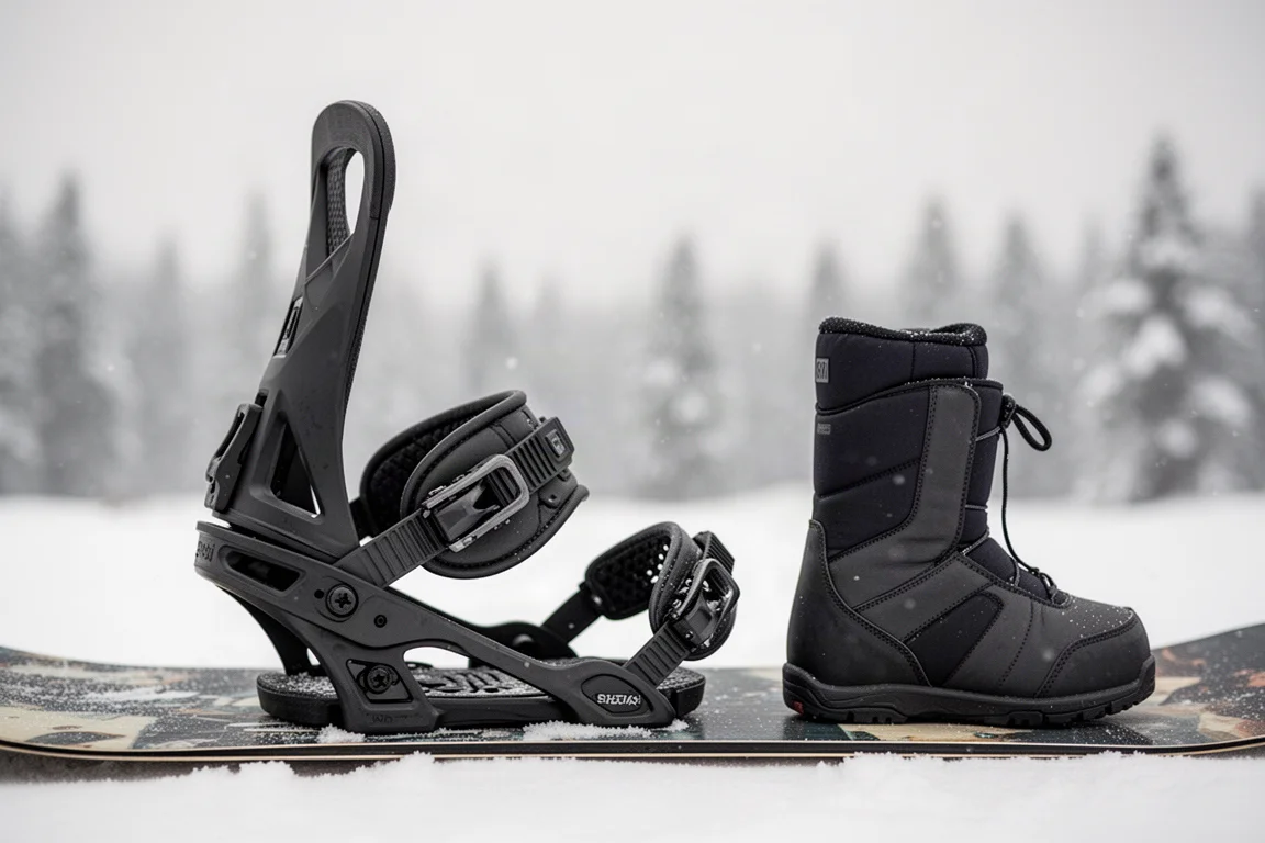 Snowboard binding highback rising high against a boot cuff