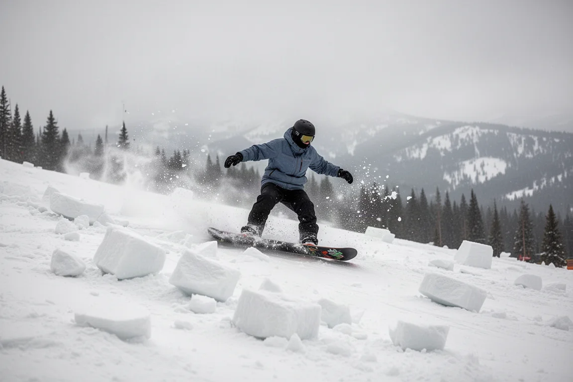 Snowboarder carving through choppy snow on a mountain run