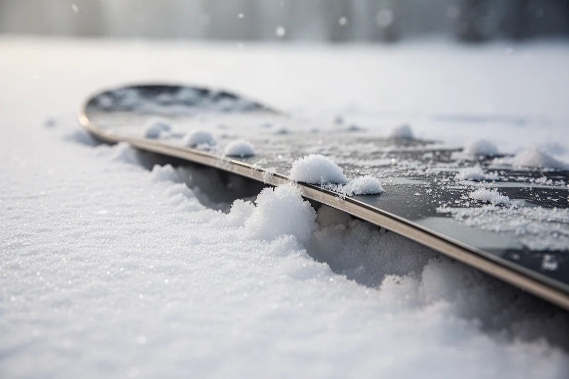 Primer plano del canto de una tabla de snowboard con los bump outs de Grip Tech trazando curvas sobre nieve dura