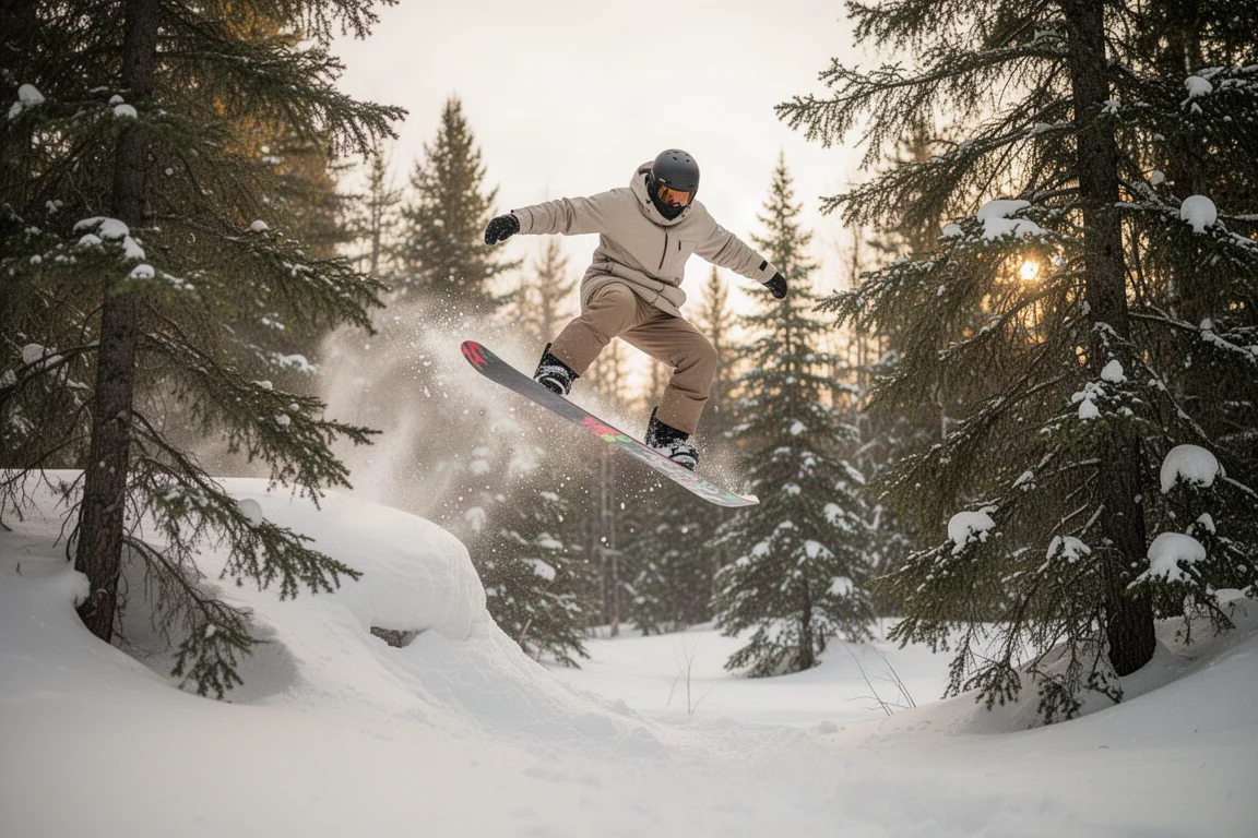 Snowboarder saltando desde un side hit en un claro nevado