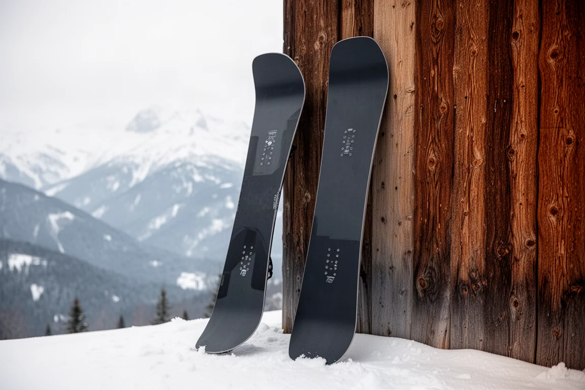 Duas pranchas de snowboard all-mountain com perfis rocker e camber apoiadas contra uma parede de madeira