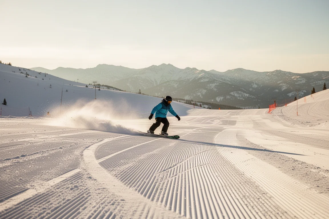 Snowboarder riding corduroy groomers on a sunny mountain morning
