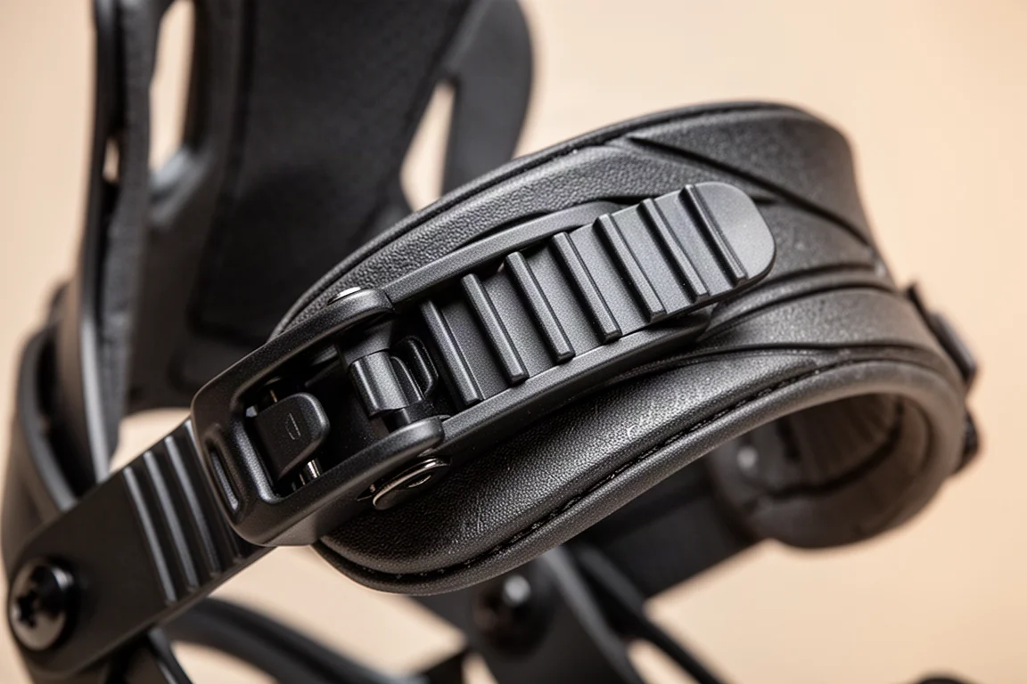 Close-up of a ratchet strap and ladder on a snowboard binding