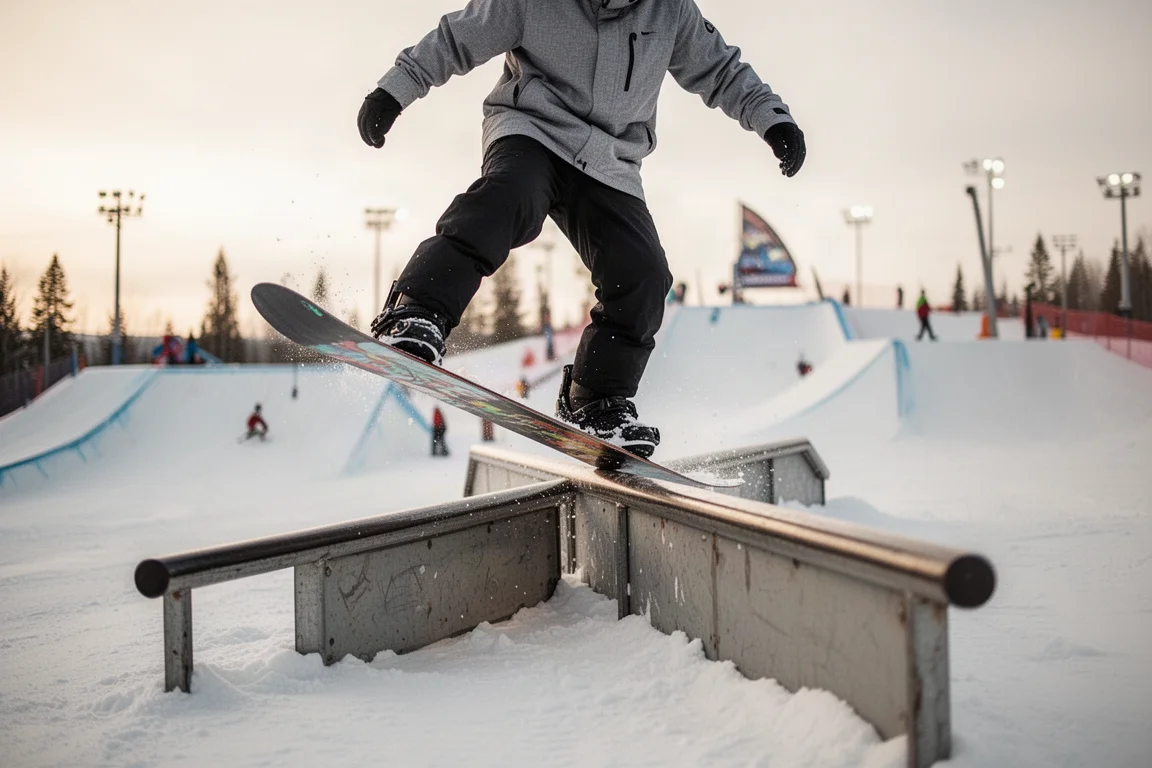 Jib snowboarder sliding a rail in a terrain park