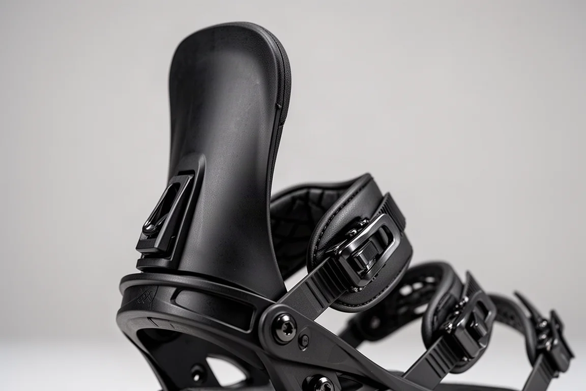 Close-up of a snowboard binding highback flexing under thumb pressure