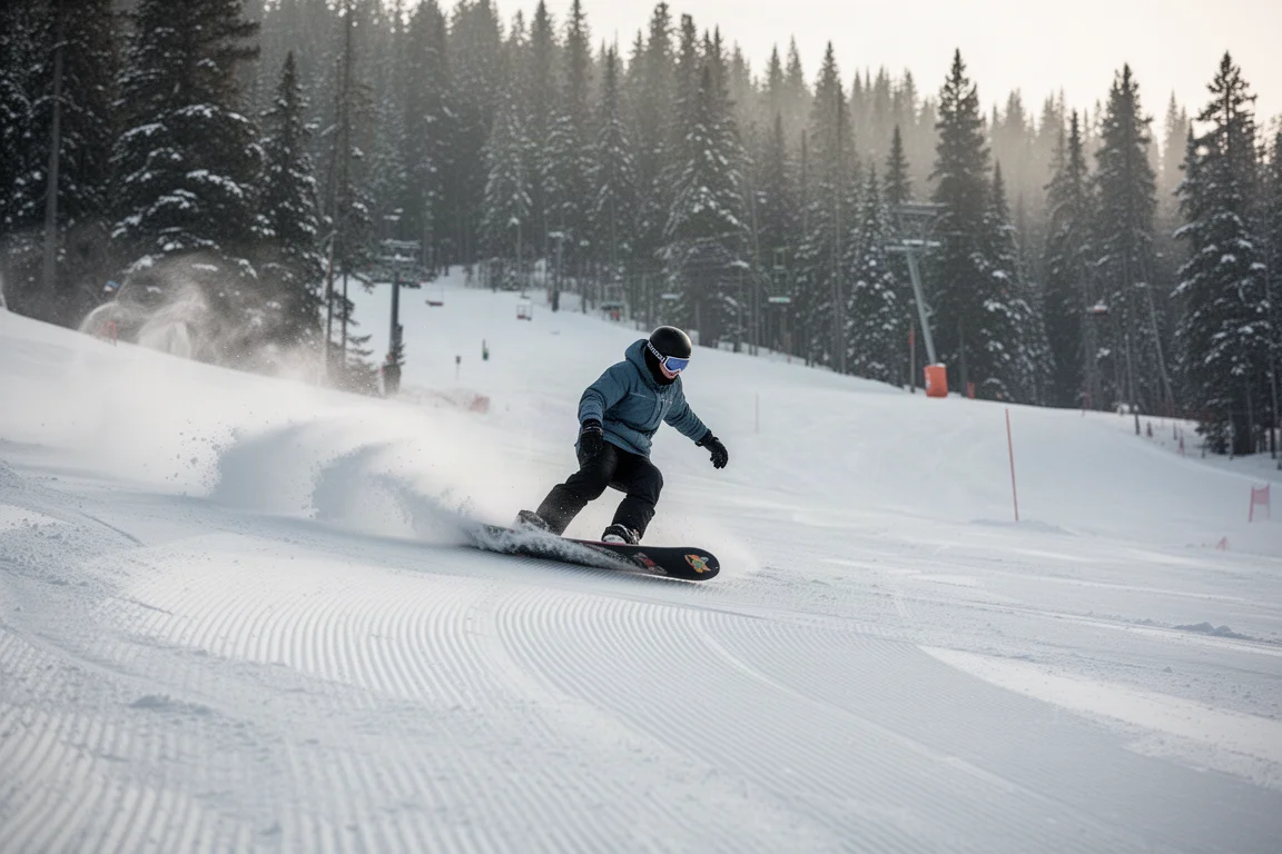 Snowboarder trazando curvas en una pista de resort en la suave luz de la mañana