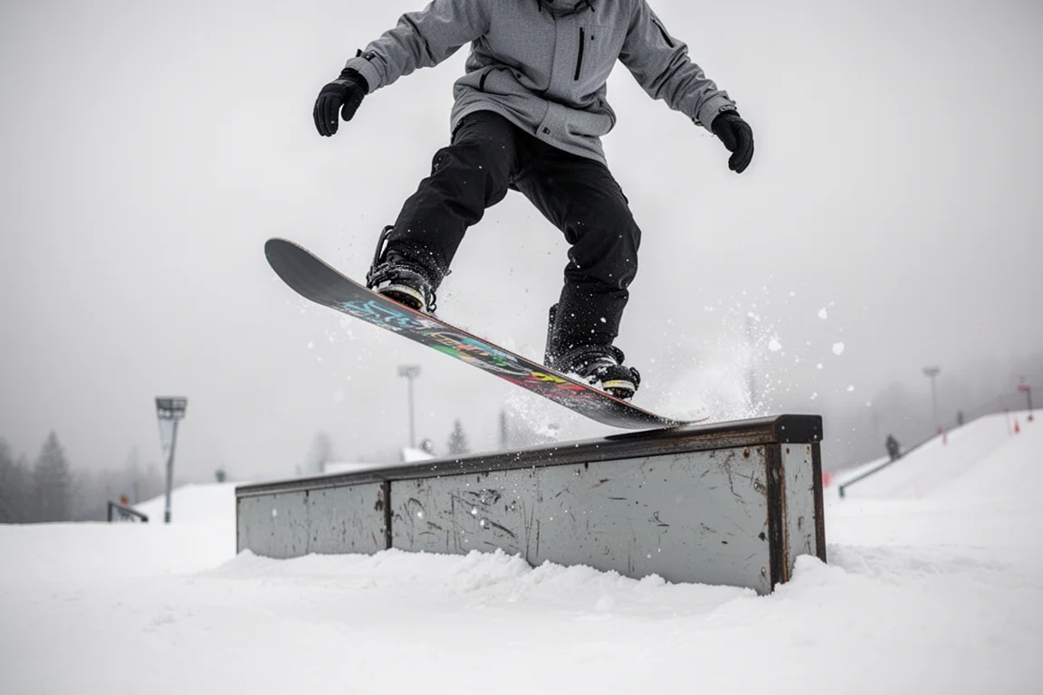 Snowboarder presionando la nose de la tabla sobre un módulo plano del park