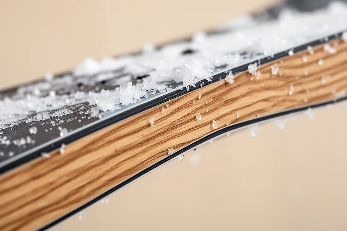 Detalle de la veta de madera del núcleo de una tabla de snowboard a lo largo del canto