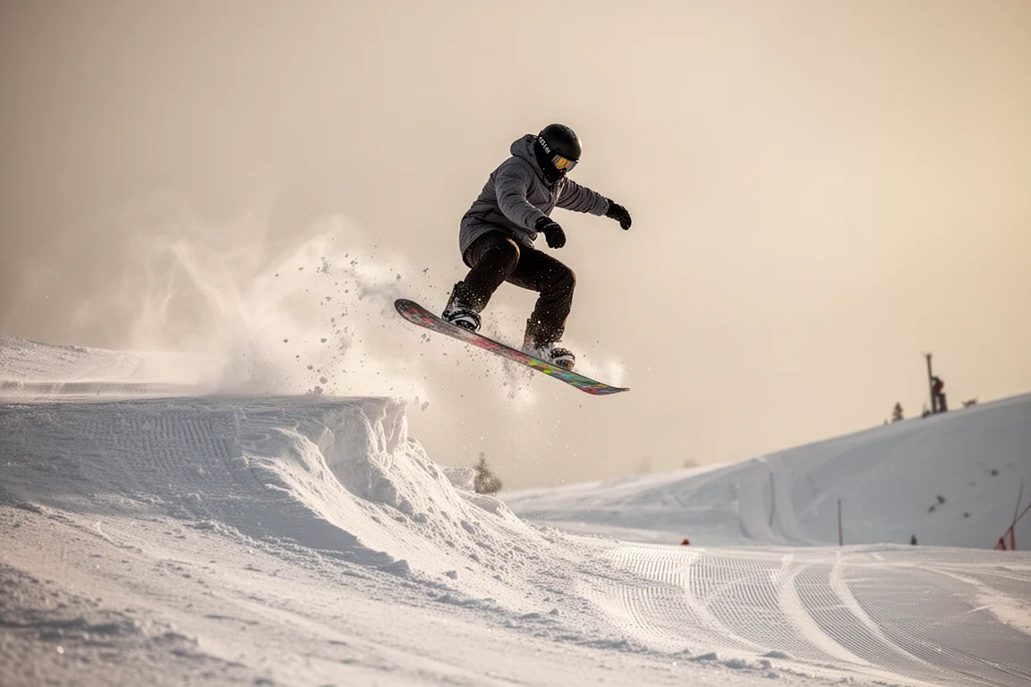 Snowboarder flotando sobre un pequeño salto lateral junto a la pista