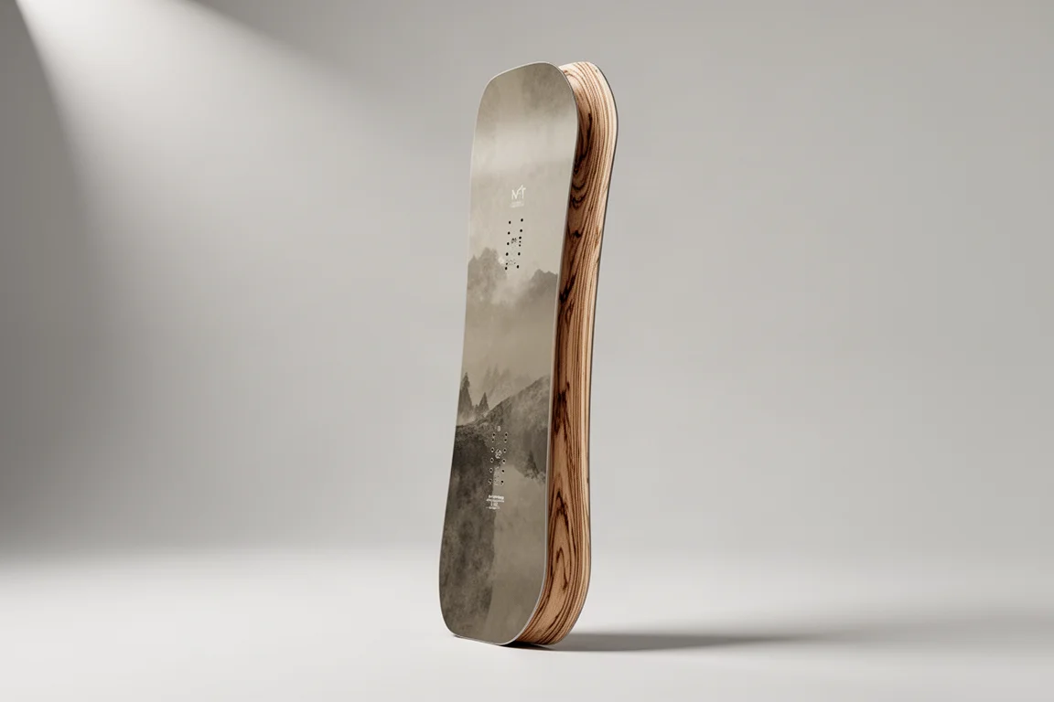 Arbor Mantra snowboard standing upright against a neutral grey backdrop